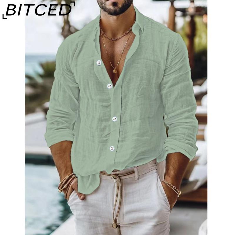 BITCED Herren Uni-Farbe Baumwoll-Leinen-Mischung Hemd Lässiger Stil Langarm Business Casual Hemd