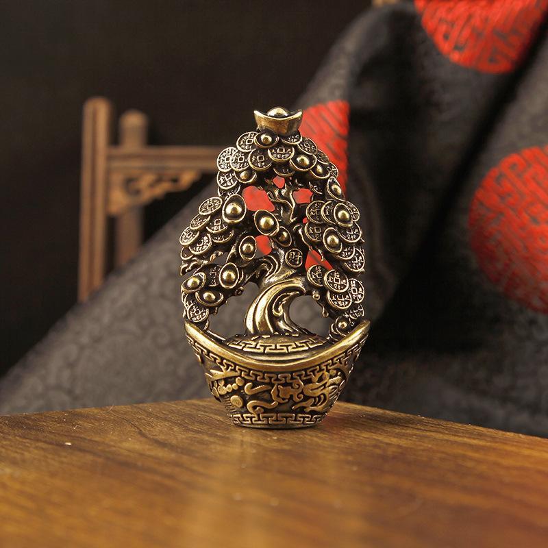 Brass Copper Wealth Tree Figurine Traditional Feng Shui Luck Ornament Creative Desktop Decor for Office Home Living Room Gift