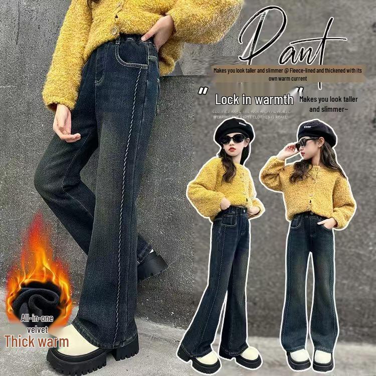 Girls' Plus Velvet Flared Pants - Stylish Slim Fit Autumn/Winter Jeans for Older Children and Students