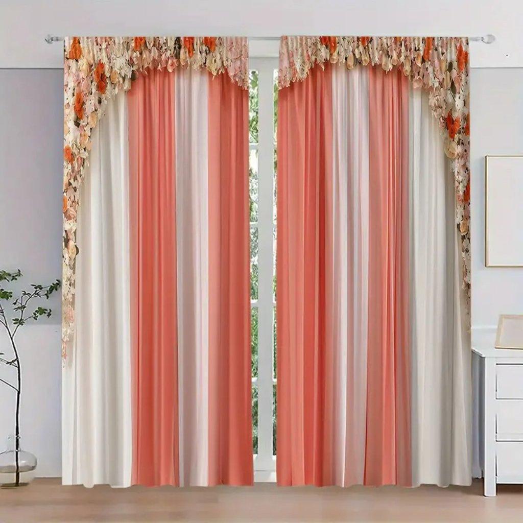 2pcs Set Romantic Star & Rose Print Curtains - Fade-Resistant Polyester, Rod Pocket Design for Bedroom & Living Room