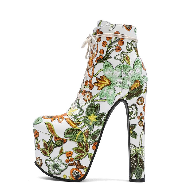 Fashion Flower Ankle Boots Women Platform Autumn Winter Short Boot Lace-up Sexy Ultra Heels Fetish Party Shoes Large Size 46
