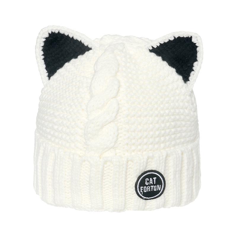 

Шапка-бини с кошачьими ушками, с защитой ушей, шерстяная шапка, женская зимняя, японская, милая и кавайная, бархатная теплая вязаная шапка, зимняя, корейская версия M（56-58cm） белый