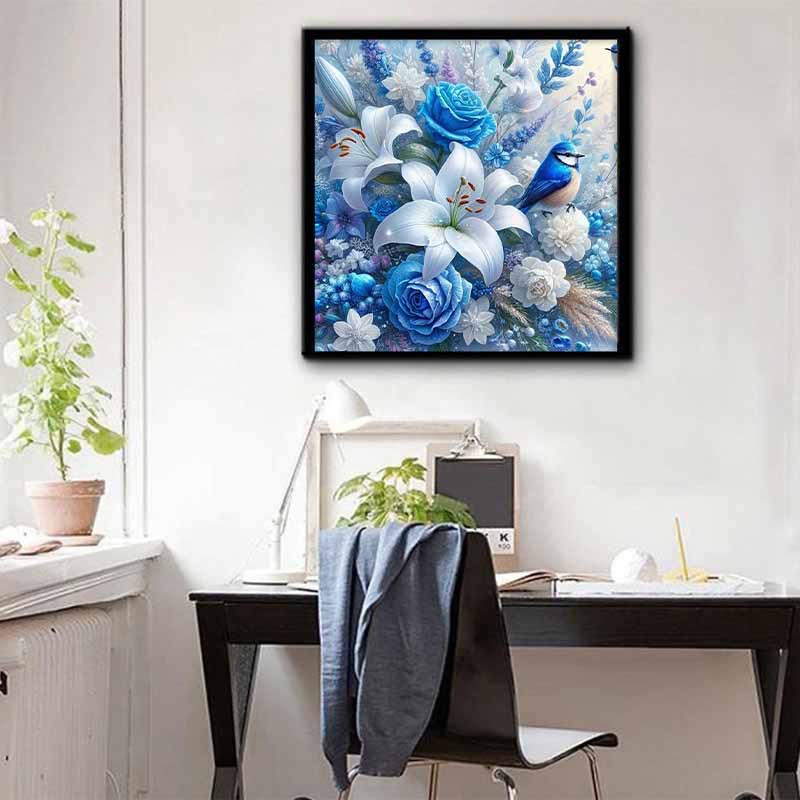 New Arrival 5D DIY Full Circle Diamond Painting "Blue Flowers and Birds" Embroidery Cross Stitch Home Decor Gift