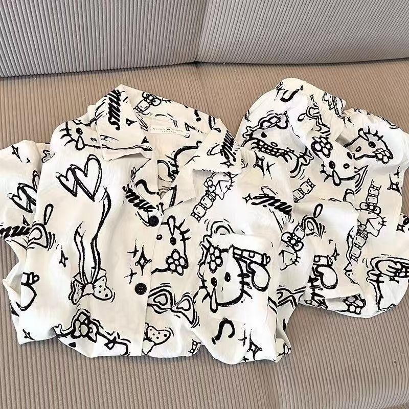 

New ins cute cartoon KT cat pajamas women s summer short-sleeved shorts high-value dormitory homewear two-piece set s [recommended 35-40kg ]