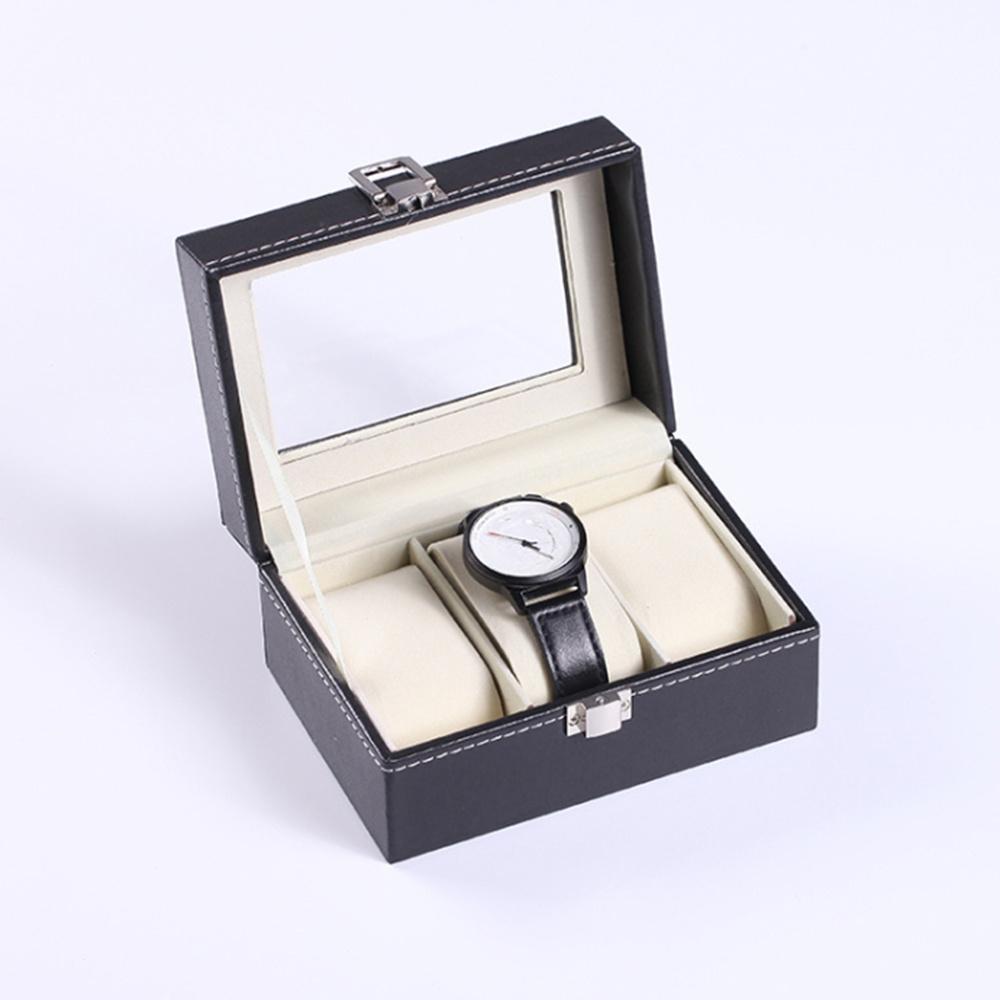 3 Grids PU Leather Watch Box Transparent Glass Window Watch Storage Display Case