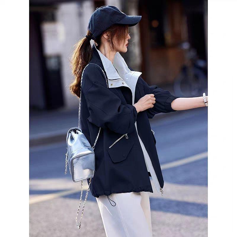 2025 Autumn Color Block Stand Collar Windbreaker: Casual Mid-Length Loose Fit Jacket