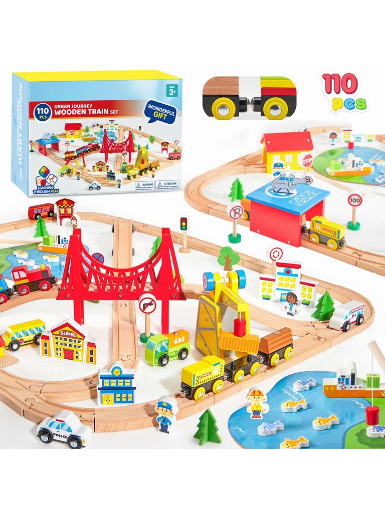 Joyfy 110 Pcs Wooden Train Set with Tracks City Scene Railway Set with Magnetic Trains Toy for Kids Birthday Christmas Gift