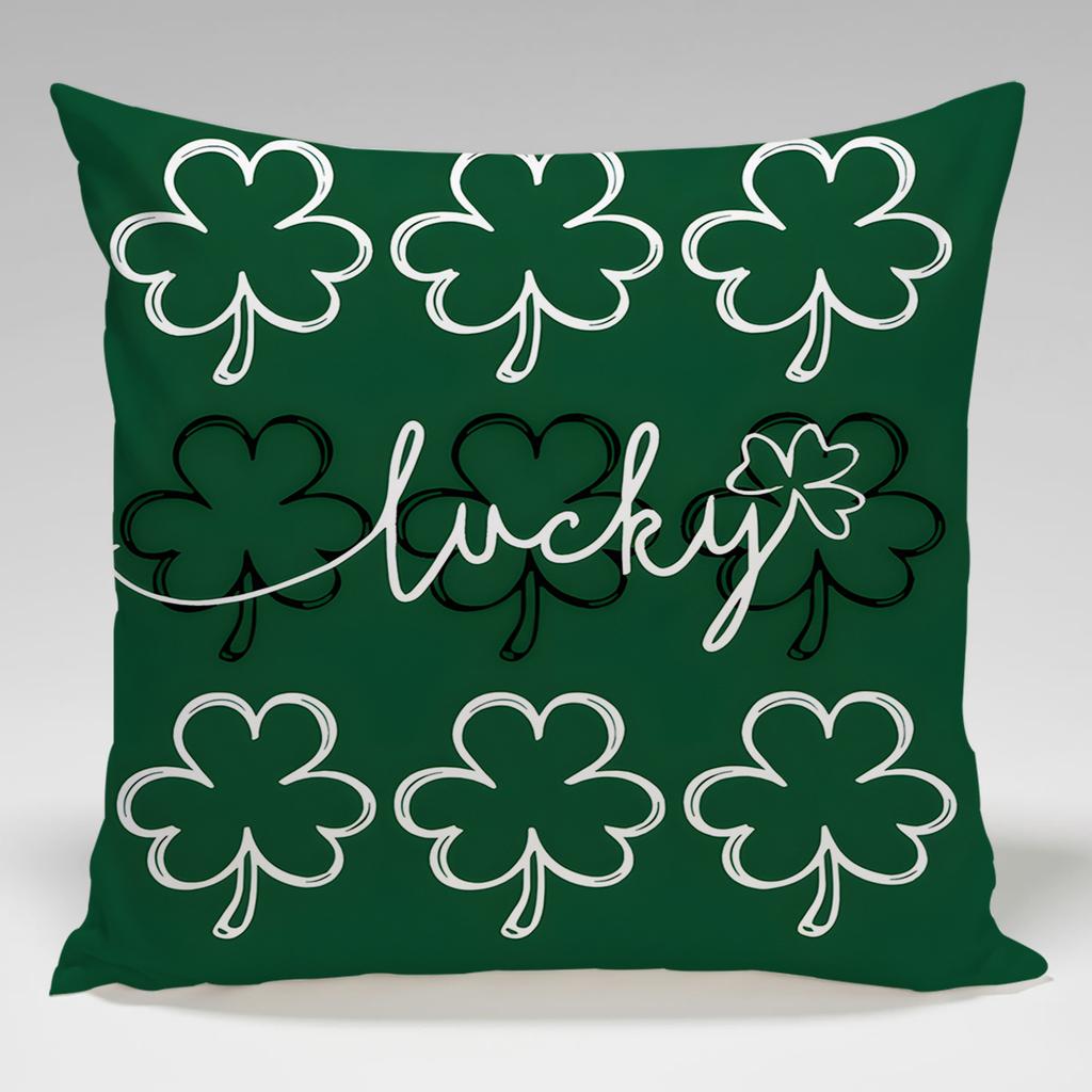St. Patrick'S Day Four-Leaf Clover Throw Pillow Cover With Short Plush Print For Living Room Sofa Decoration Cushion Cover