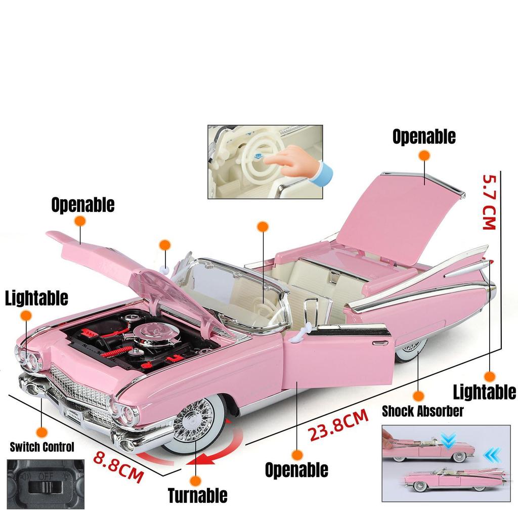 1/24 Cadillac Eldorado Vintage Retro Spielzeug für Kinder Diecast Metall Miniaturmodell Rückzugsantrieb Sound & Licht Sammlung Geschenk Jungen