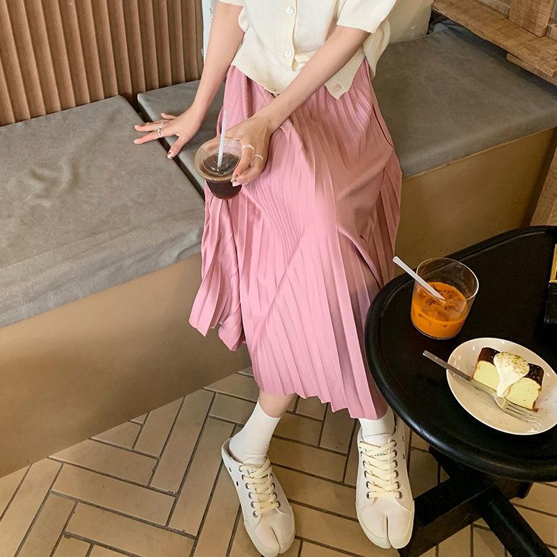 Spring and Autumn New Fashion Women's High Waist Pleated Solid Color Half Length Elastic Skirt Promotions Lady Black Pink