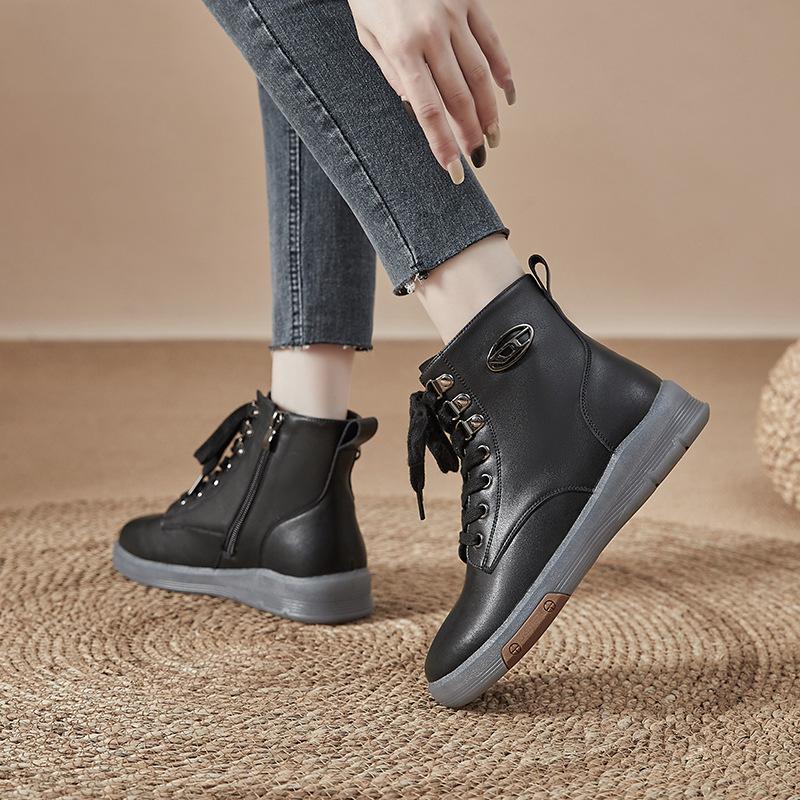 High-top shoes women's 2025 new autumn and winter velvet Martin boots leather spring and autumn shoes beef tendon soles short boots casual women's