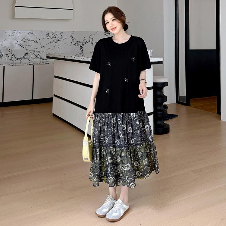 DIMANAF 2026 Plus Size New Dress Summer Women Beach Shirt Dress Black Floral Loose Casual Long Dresses O-Neck