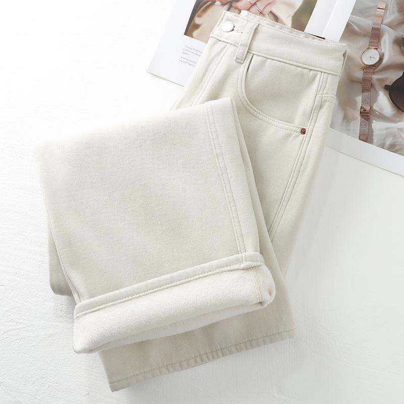 Ivory Fleece-Lined High-Waisted Wide-Leg Jeans - Women's 2024 Autumn/Winter Slimming Straight-Leg Pants