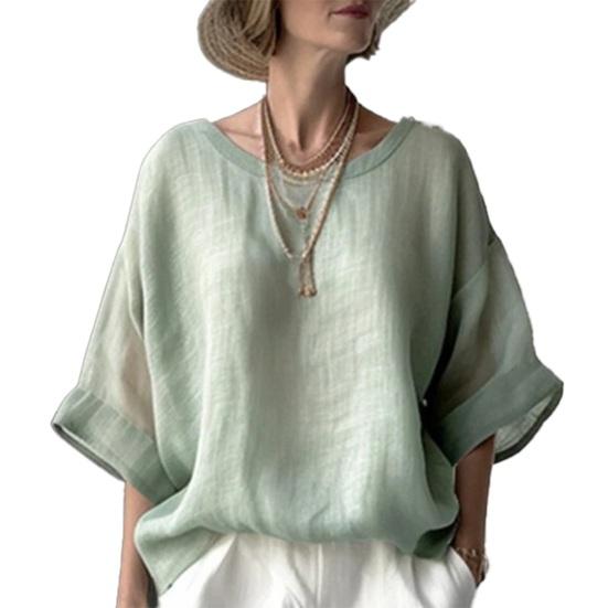 

Women Tops Round Neck Half Sleeve Loose Fit Pullover Tops Pure Color Soft Fabric Casual Blouse Daily Wear M светло-зеленый