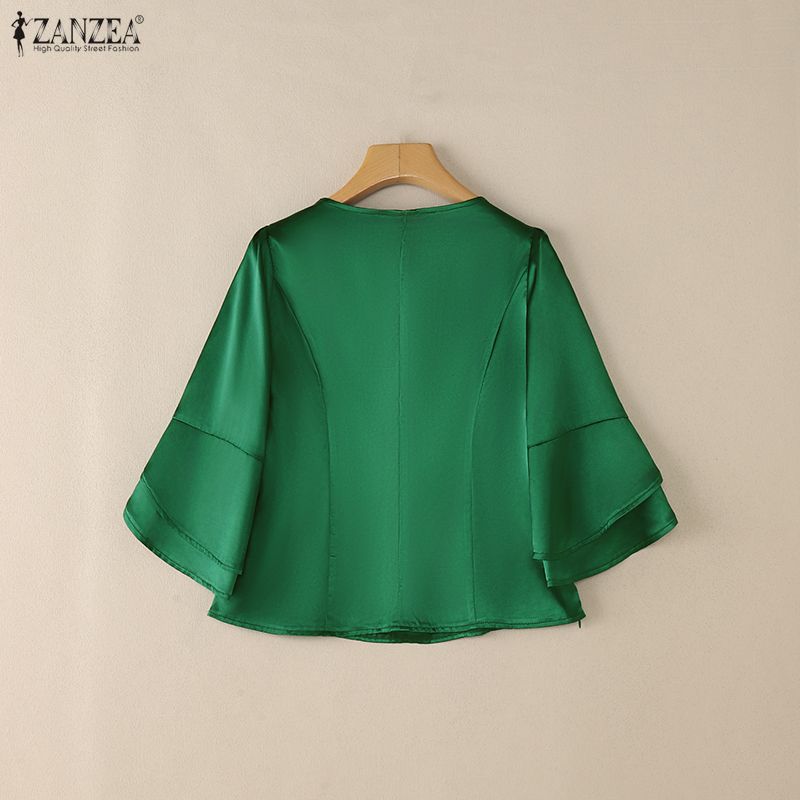 ZANZEA Women Casual V-Neck 3/4 Sleeve Loose Satin Blouse