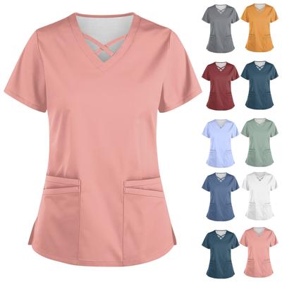 Women's Fashionable V-Neck Short-Sleeved Work Clothes With Drawstrings And Pockets Solid Color Tops And Protective Clothing