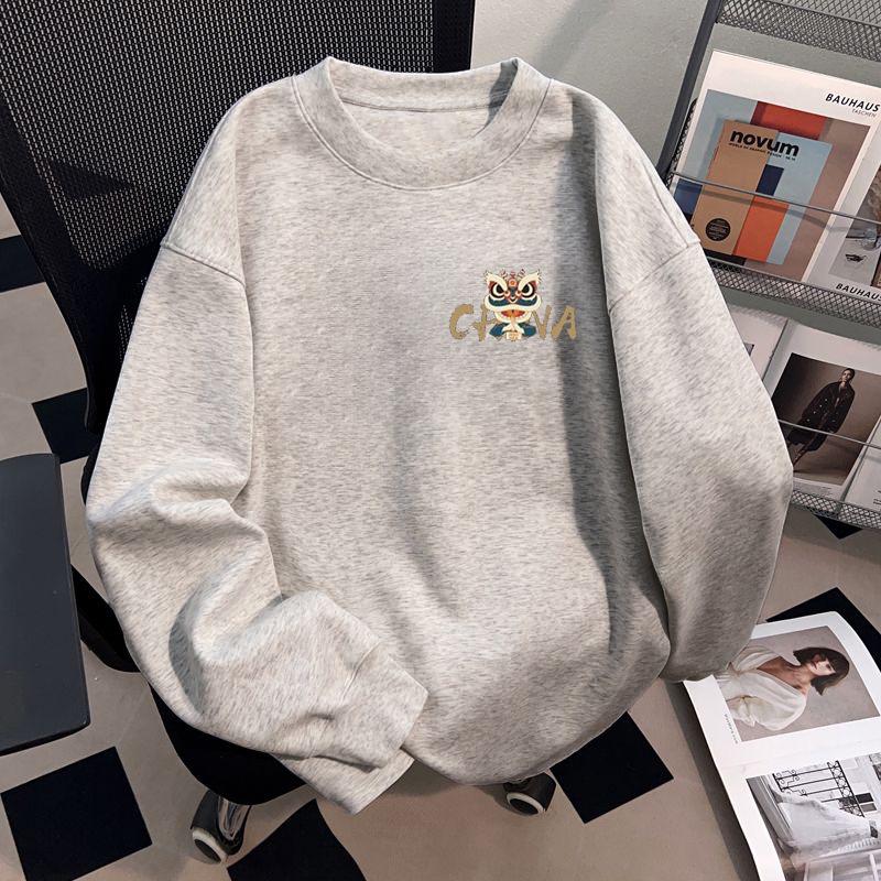 Men's American Retro Lion Hoodie – Thick, Loose, Versatile, Plus Velvet, Round Neck for Autumn/Winter