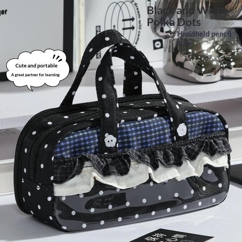 Breathable Plaid Polka Dot Lace Pencil Case Large Capacity Multi Compartment Clear Itabag for Student School Supplies
