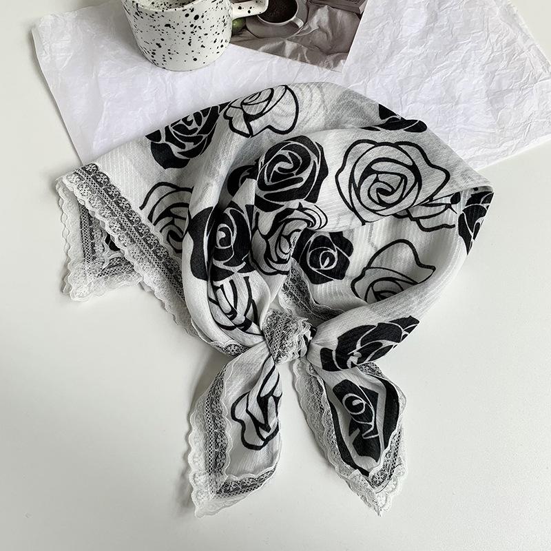 Silk Scarf Neck Small Square Scarf Lace Striped Cashew Nut Silk Scarf Spring and Summer Light Headscarf Headband Decorative Scarf