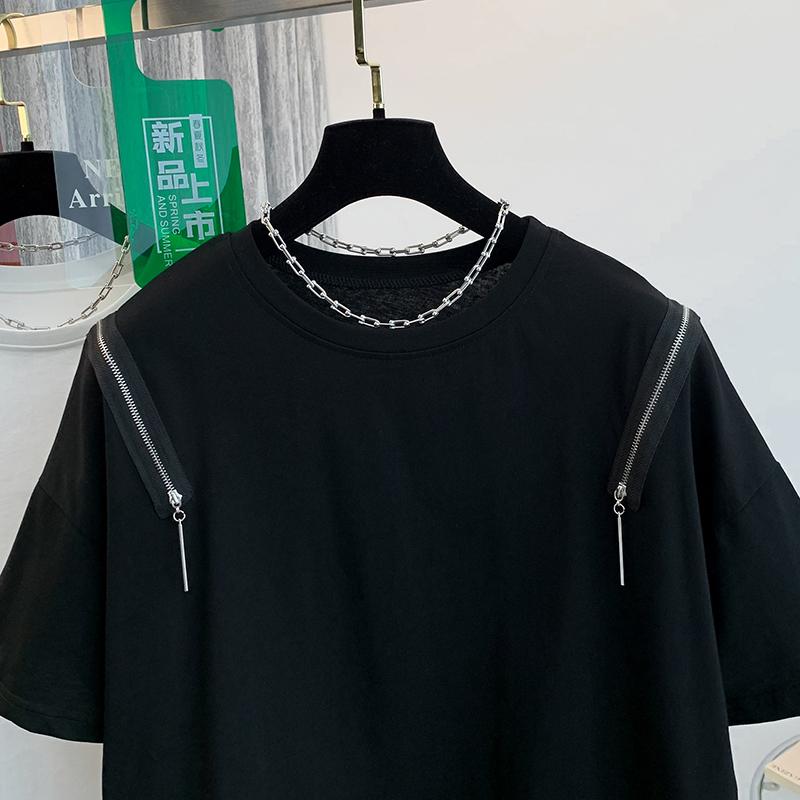 DIMANAF 2024 Women T-Shirt Zipper Female Solid O-Neck Cotton Loose Short Sleeve Tops&Tees