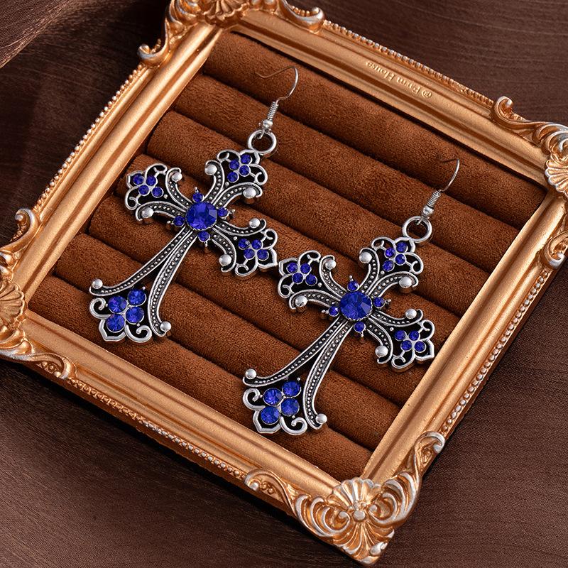 Vintage Baroque Rose Cross Earrings Women'S Hip Hop Versatile Earrings Premium Sense Flash Diamond Fashion Earrings