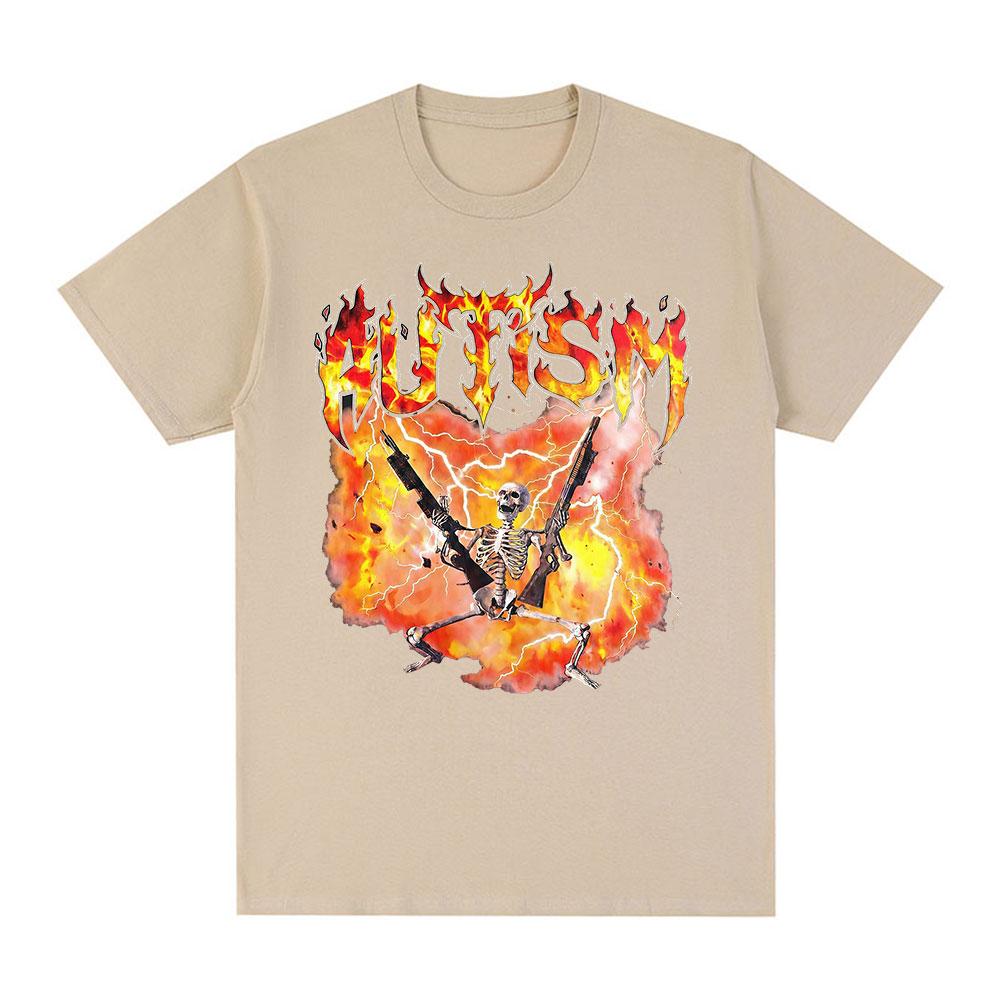 Autism Funny Skeleton Explosion Meme Tshirts Men Clothing Vintage Summer Short Sleeves Tshirt Cotton Casual Oversized T Shirts