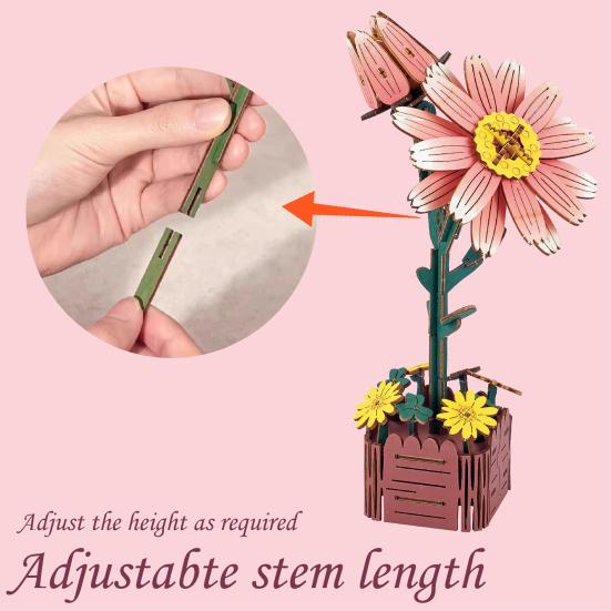 3D Wooden Flower Puzzle Kit for Adults DIY Botanical Bouquet Building Set Wood Sunflower/Rose Floral Craft Kit for Stress Relief Housewarming Gifts