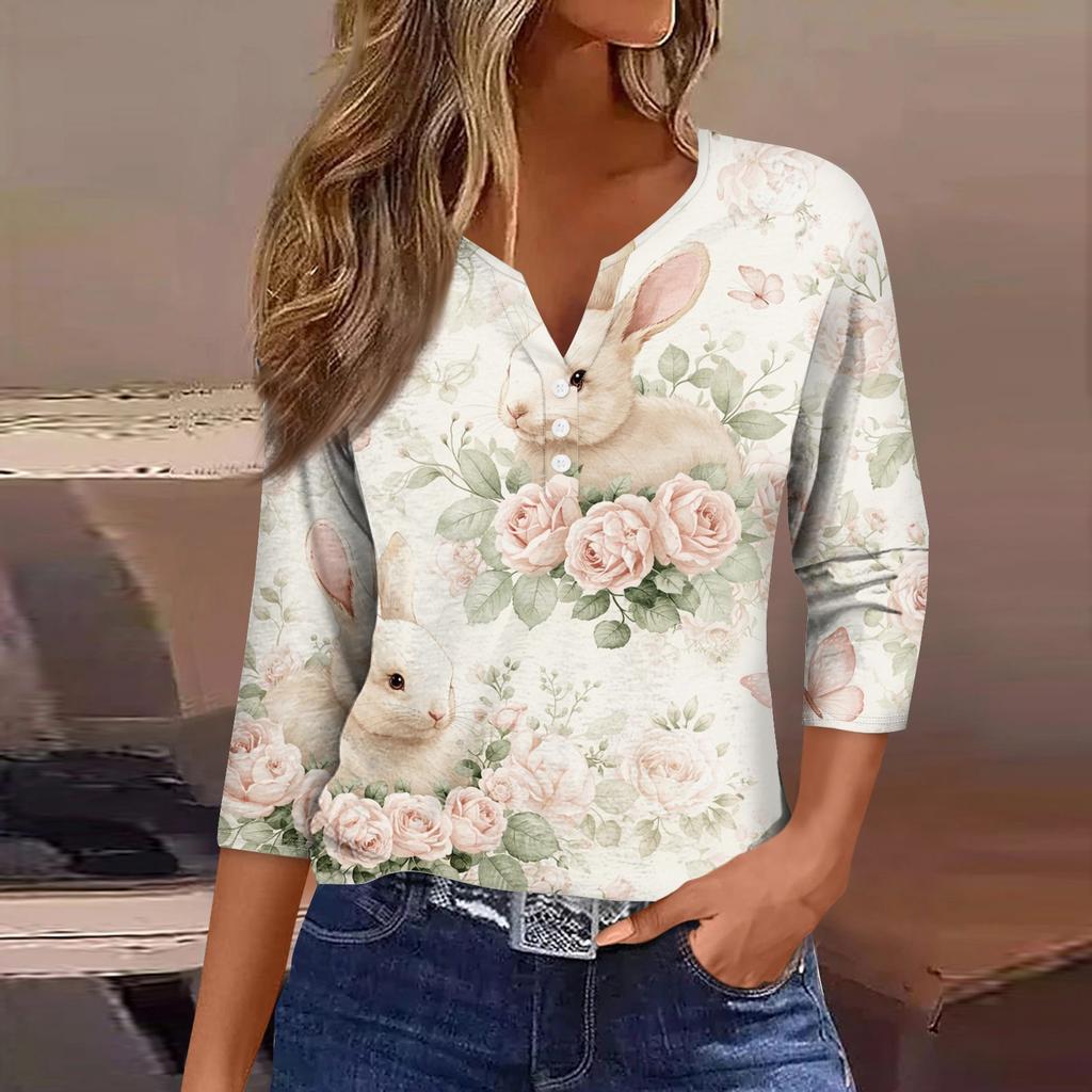 Women's Fashion Casual Easter Printed V-neck Short Sleeve Decorative Button Seven Sleeve T-shirt Top