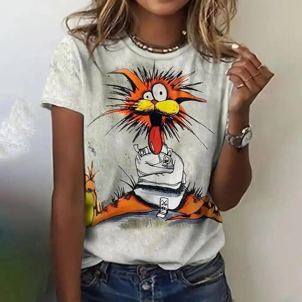 Women's street fashion T-shirt cartoon animal 3D printed short sleeved versatile casual loose round neck top women's clothing
