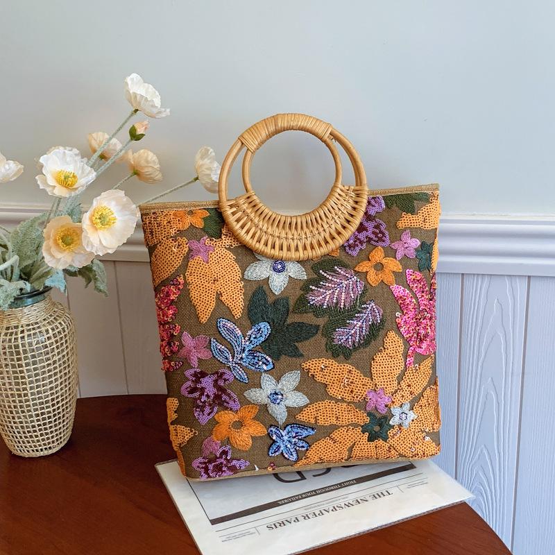 Sequin Straw Woven Tote Bag for Women - Boho Chic Embroidery, Spacious Summer Beach Handbag with Eco-Friendly Design