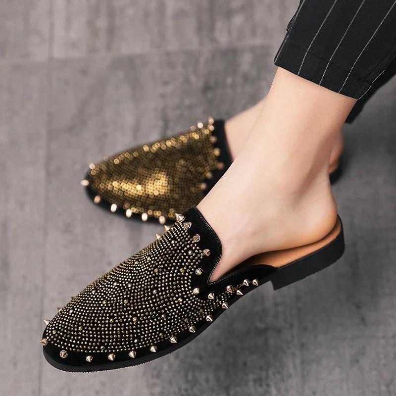 Men Half Slipper Shoes for Men Rhinestone Luxury Loafers Man Male Fashion Casual Shoes Mules