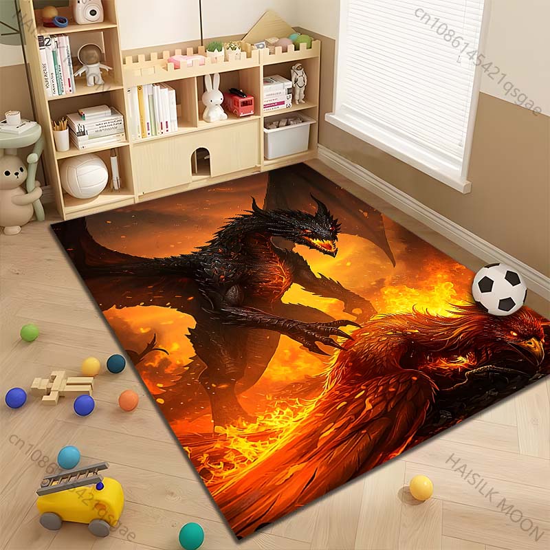 Mehrere Größen Schwarzer Drache Feuer Phönix Kampf Teppich für Wohnzimmer Schlafzimmer Sofa Heimdekoration Teppich Rutschfeste Fußmatte Luxuriöses Geschenk