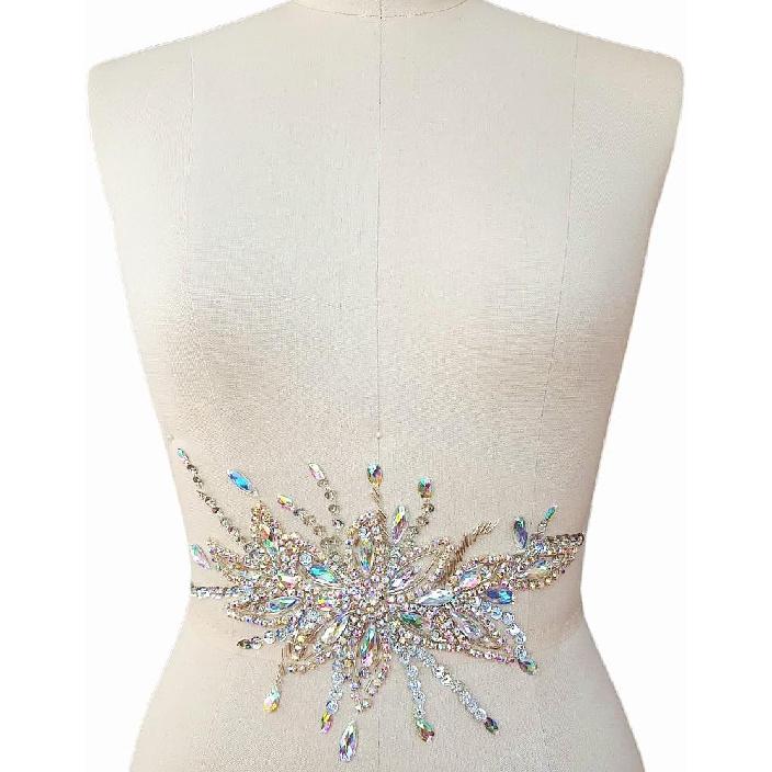 Exquisite Uniquely Pure Handmade AB Colour Bright Crystal Patches Sew-on Rhinestones Applique with Stones Sequins Beads for Wedding Dress DIY Manual