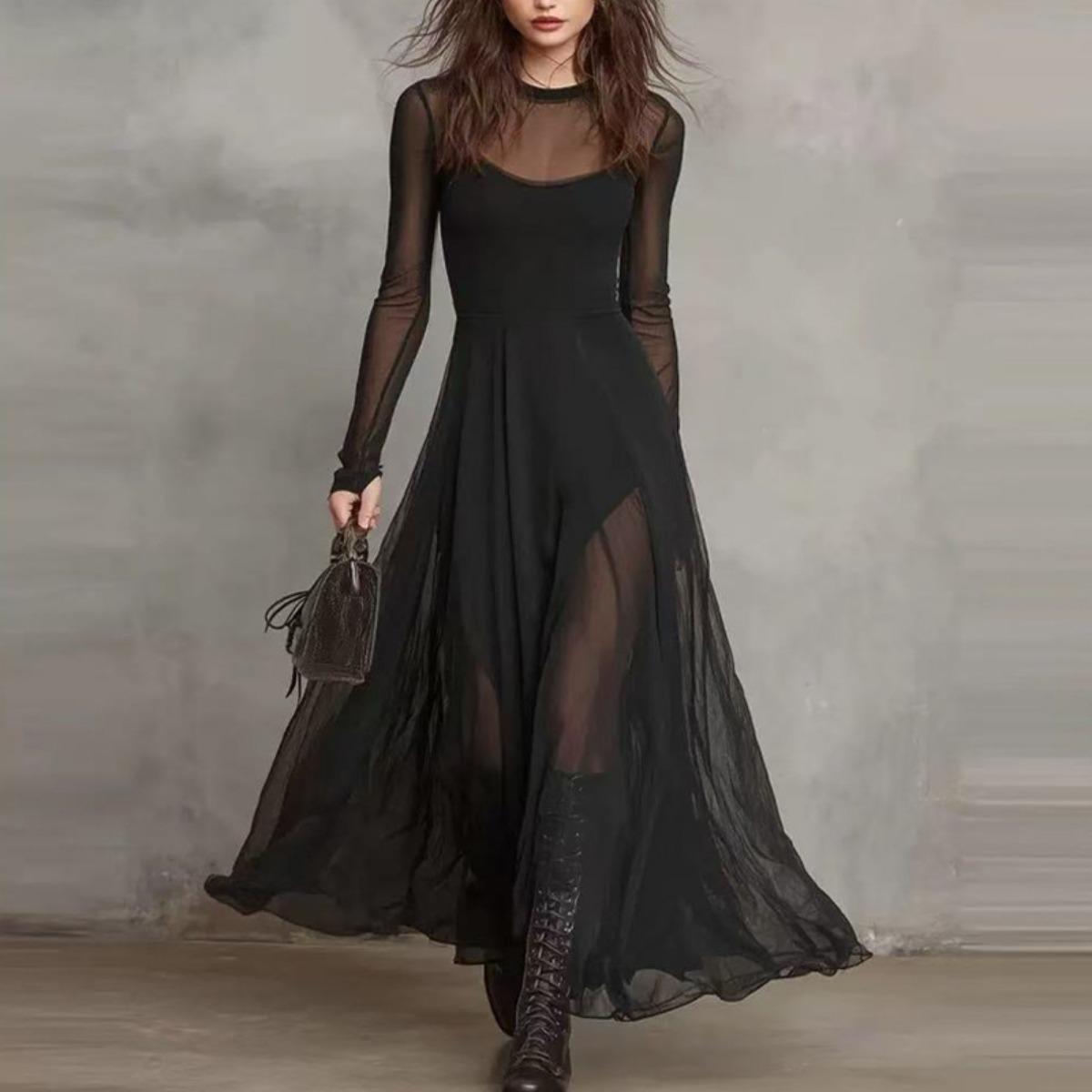 Европейско-американское женское элегантное сексуальное сетчатое пэчворк платье из 2 предметов S чёрный