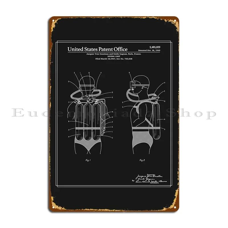 Jacques Cousteau Diving Gear Patent Black Metal Plaque Wall Cave Cinema Wall Custom Garage Design Tin Sign Poster 20x30cm(7.8x11.8inch)