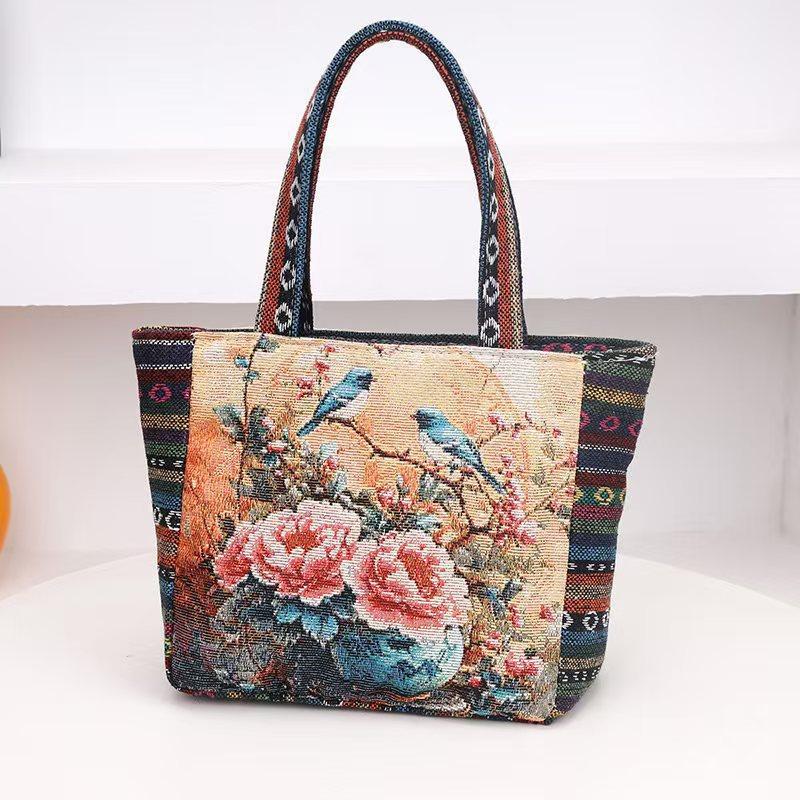 Handbag bag women go out canvas bag large capacity flower bird pattern handbag women's ethnic style handbag