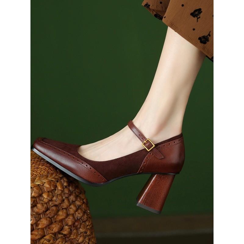

French retro brown thick heel one-word buckle high heels square head single shoes women s shallow temperament Mary Jane shoes 42