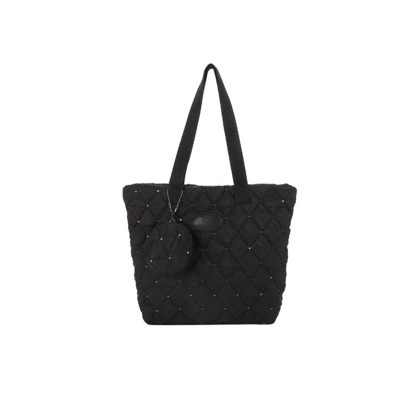 Robuste Baumwoll-Reißverschluss-Tragetasche Vielseitige Pendler-Schultertasche Diamant-Gitter Handheld-Einkaufstasche