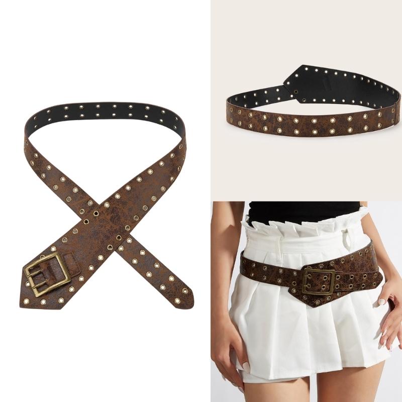 Punk Style Wide Belt with Gothic Eyelets Heavy Duty Faux Leather Unisex Fashion Accessory