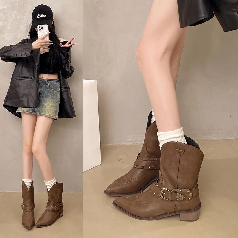 Brown Western Cowboy Boots Women's 2025 New Spring and Autumn Martin Boots Thick Heel Xinjiang Boots Maillard Pointed Short Boots