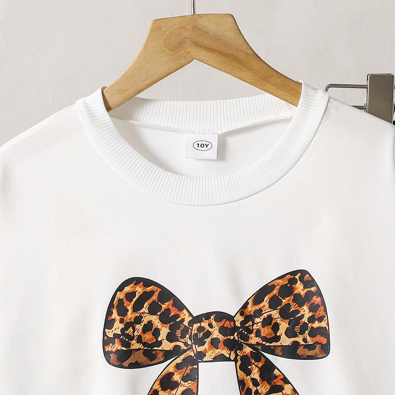 Girls' Outfit Children's Clothing Spring and Autumn New Fashion Leopard Print Bowknot Print Long Sleeve Sweatshirt Wide Leg Pants
