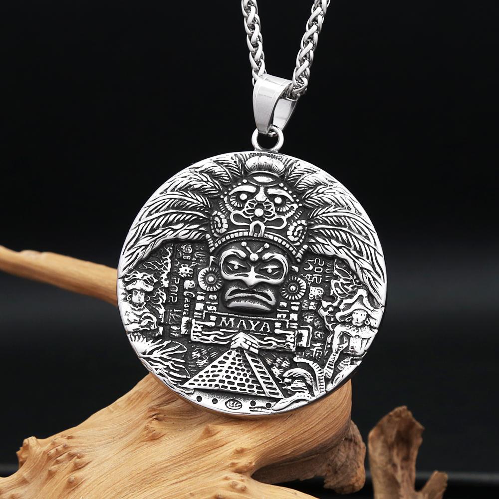 New Vintage Stainless Steel Mayan Pattern Pendant Necklaces For Men Women Big Size AZTEC CALENDAR Necklace Amulet Jewelry Gifts