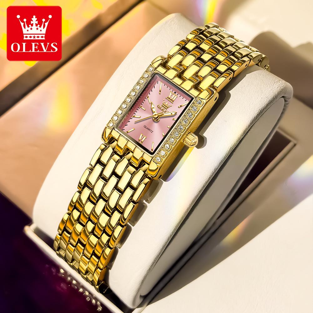 OLEVS Fashion Women's Watches Rectangular Dial Gold Stainless Steel Strap Quartz Watch Luxury Diamond Watch