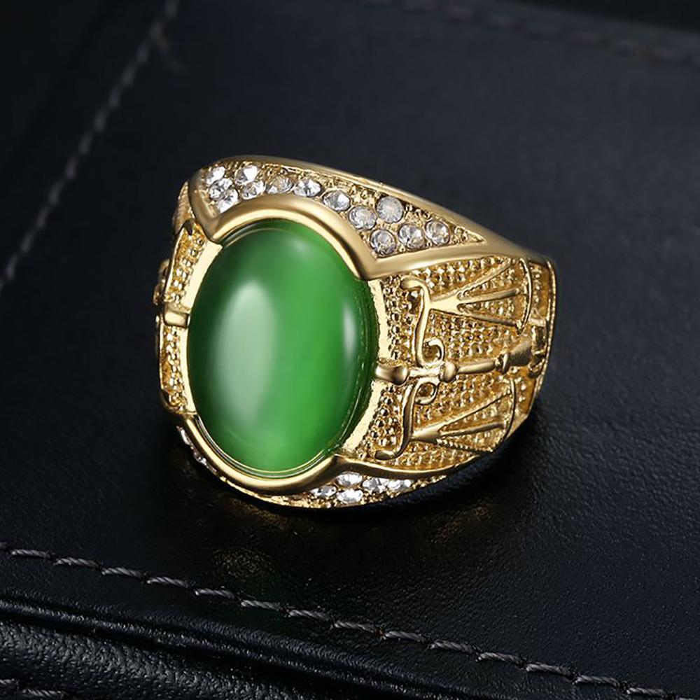 Vintage Classic Gold Color Stainless Steel Rings for Men Women Fashion Green/Black Stone Ring Biker Solid Finger Jewelry Gift