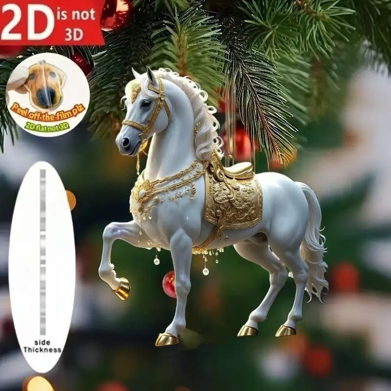 2D Acrylic Horse Car Rearview Mirror Pendant Charm Christmas Tree Backpack Hanging Ornament Party New Year Decoration Hanging