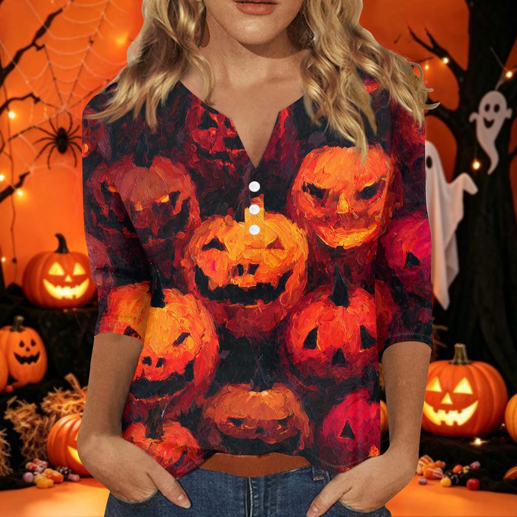 Women's Halloween Print V-Neck Short Sleeve T-Shirt with Decorative Buttons for Casual Fall Outfits