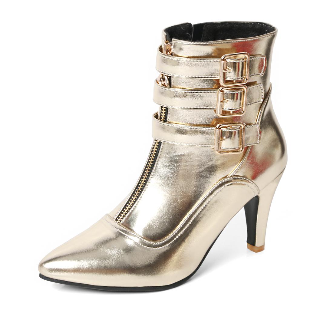 FOREADA Women Ankle Boots Pointed Toe Kitten High Heels Buckle Zipper Short Boots Ladies Fashion Shoes Autumn Winter