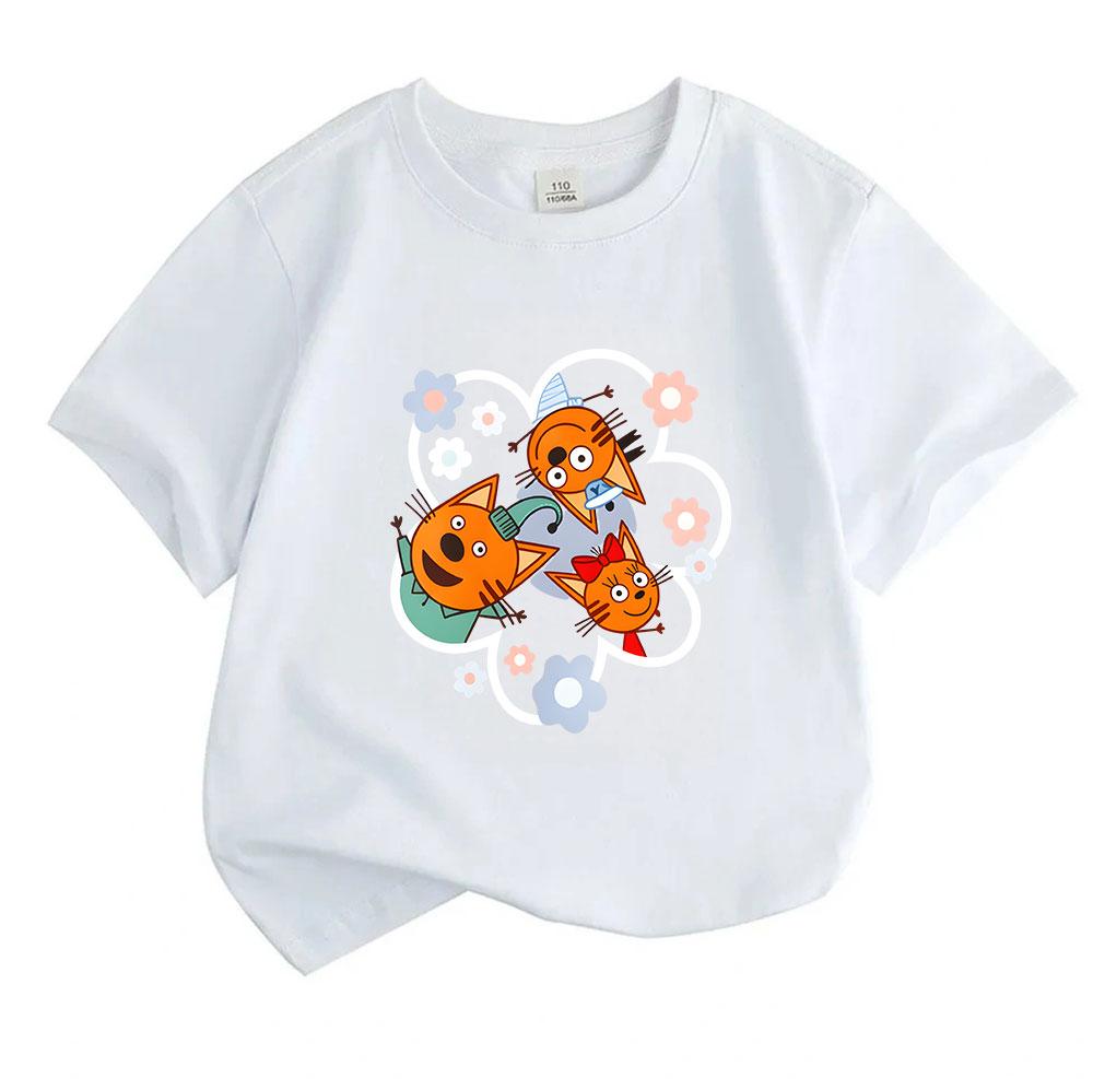Kids Boys Girls 100% Cotton Short Sleeve Crew Neck T-Shirt, Cute Orange Cartoon Kitten Family Pattern Casual Soft Breathable Tees for Toddler Children