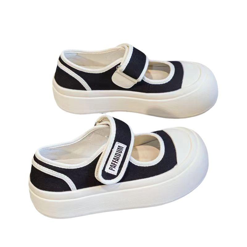 Mary Jane Women's Shoes 2025 Summer Explosion Ugly Cute Velcro Canvas Design Sense Platform Casual Little White Board Shoes