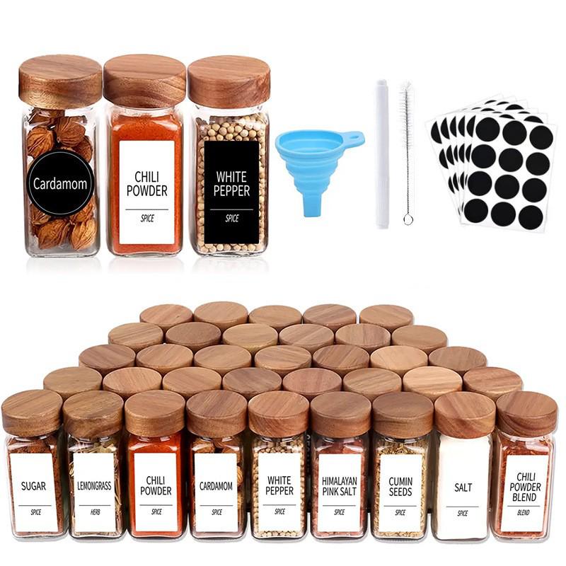 

Square 120ml Spice Jar Set: Glass Bottles with Acacia Wood Lids for Salt, Cumin, Chili. 24 Pack. Single Bottle - Aluminum Lid